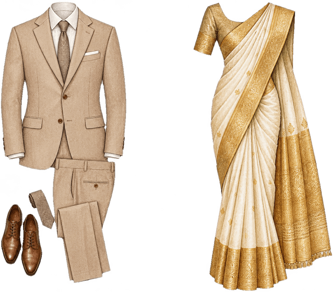A light beige suit and an off-white and gold Kanchipuram saree
